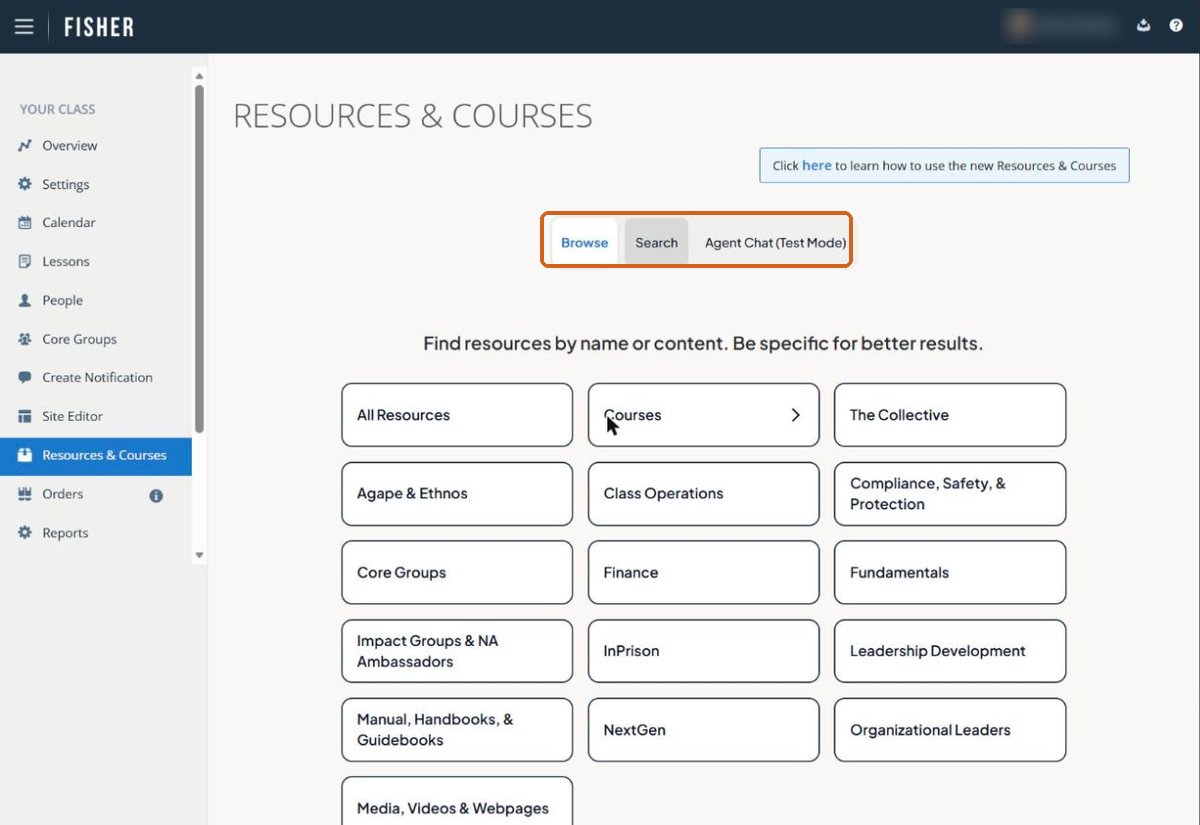 The Resources & Courses page with the Browse, Search and Agent Chat tabs outlined.