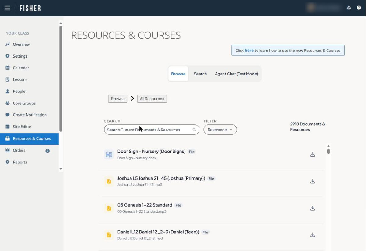 The All Resources list showing every resource and course file available.