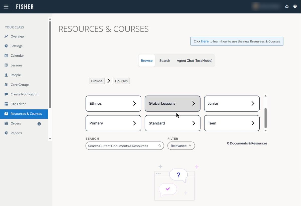 Course type tiles: Ethnos, Global Lessons, Junior, Primary, Standard and Teen.