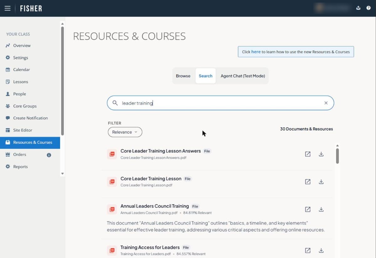 Search results for 'leader training', each with a relevance score and a short explanation.